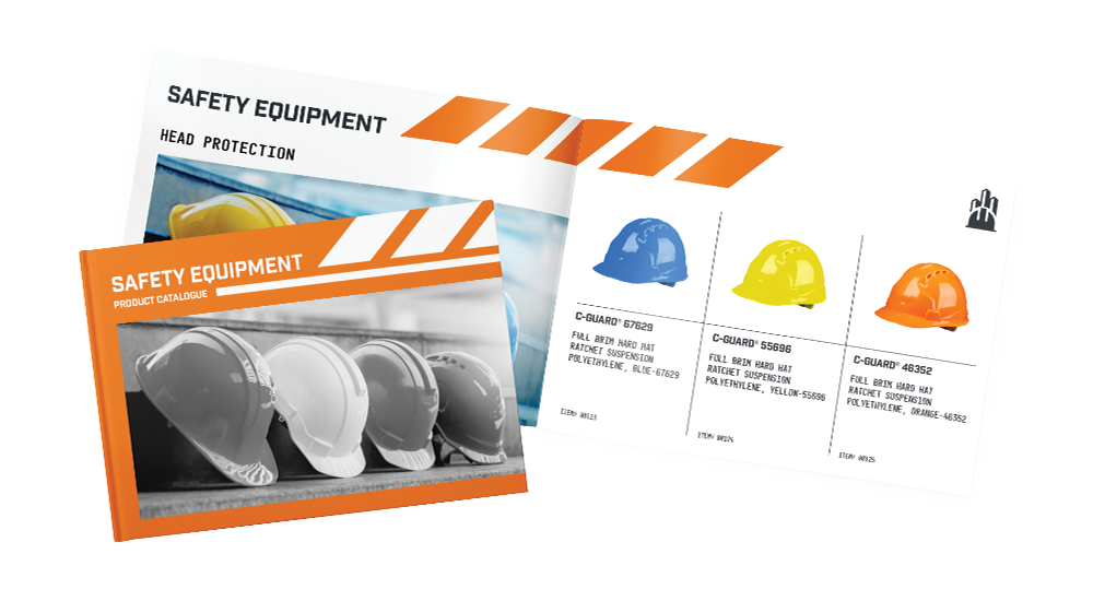 Cover and two-page spread of a safety equipment catalog with hard hats